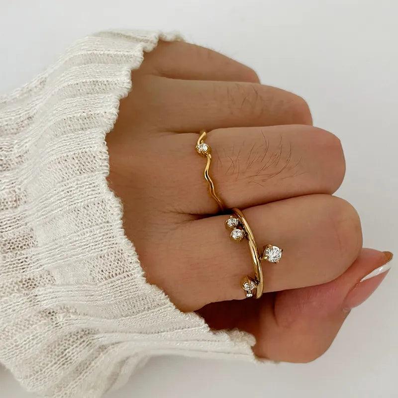 Wholesale Jewelry Commute Korean Style Geometric 316L Stainless Steel Zircon 18K Gold Plated Irregular Inlay Rings - Lilah jewellery boutique