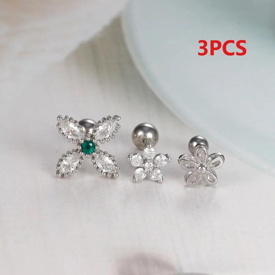 3 Pieces Simple Style Flower Irregular Plating 304 Stainless Steel Zircon Ear Studs - Lilah jewellery boutique