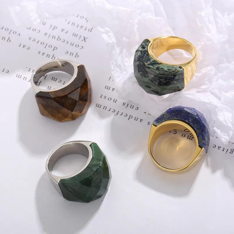 fashion round stainless steel plating inlay natural stone rings 1 piece - Lilah jewellery boutique