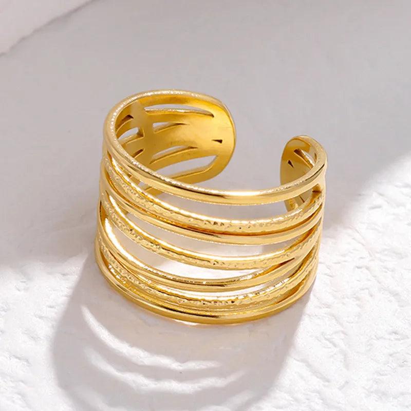 retro stripe solid color stainless steel hollow out open ring - Lilah jewellery boutique