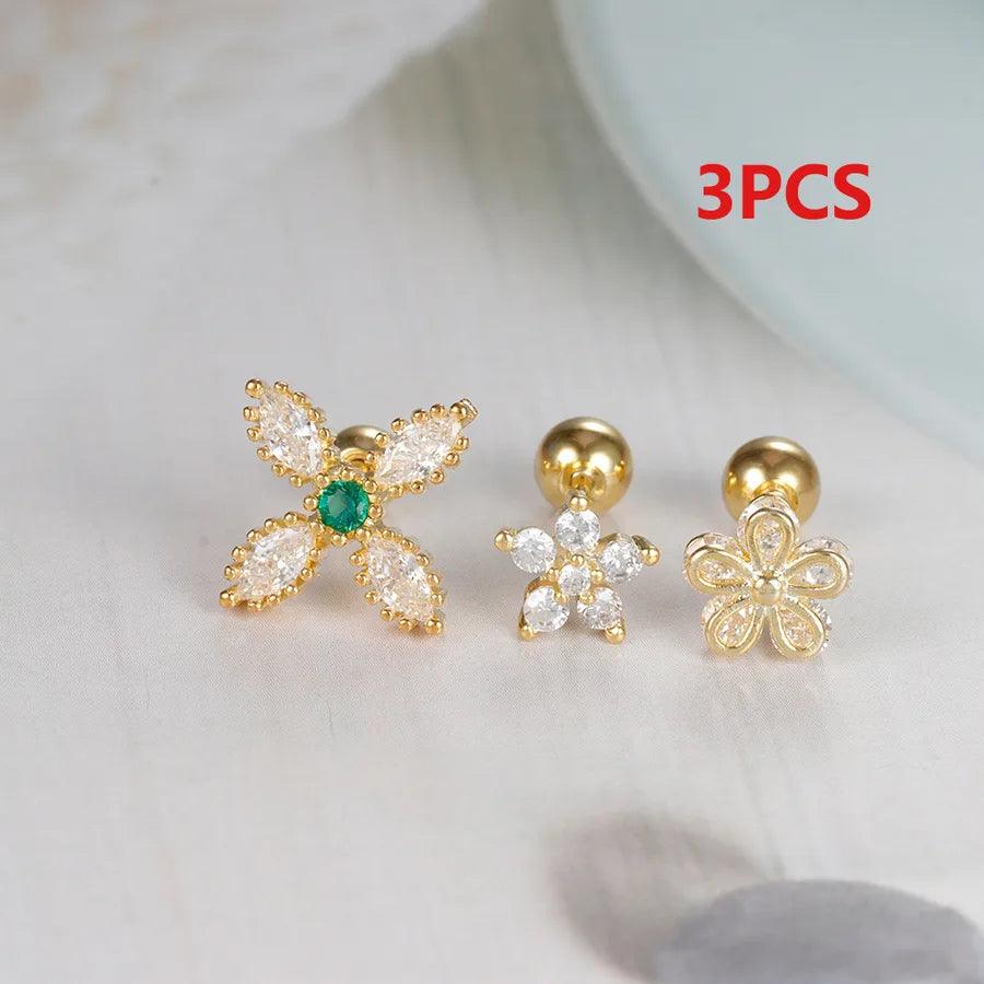 3 Pieces Simple Style Flower Irregular Plating 304 Stainless Steel Zircon Ear Studs - Lilah jewellery boutique