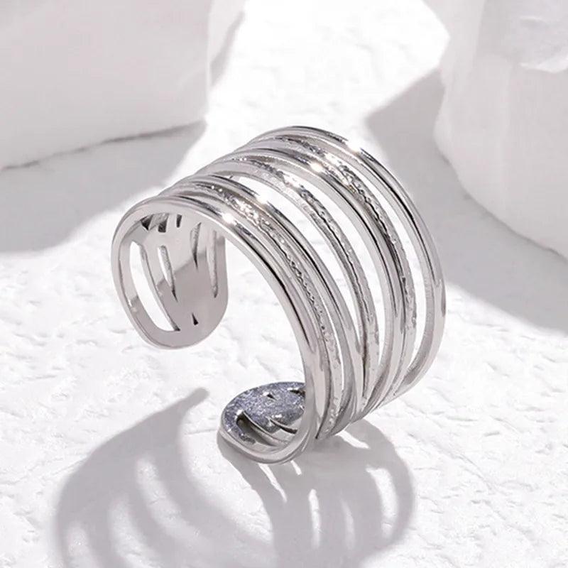 retro stripe solid color stainless steel hollow out open ring - Lilah jewellery boutique
