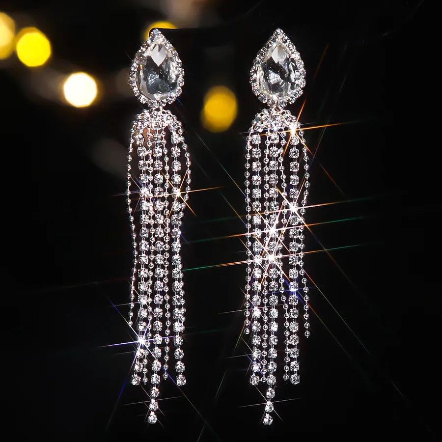 Σκουλαρίκια με στρας κρεμαστά Tropical Tassel Inlay 316 Stainless Steel Rhinestones Drop Earrings - Lilah jewellery boutique