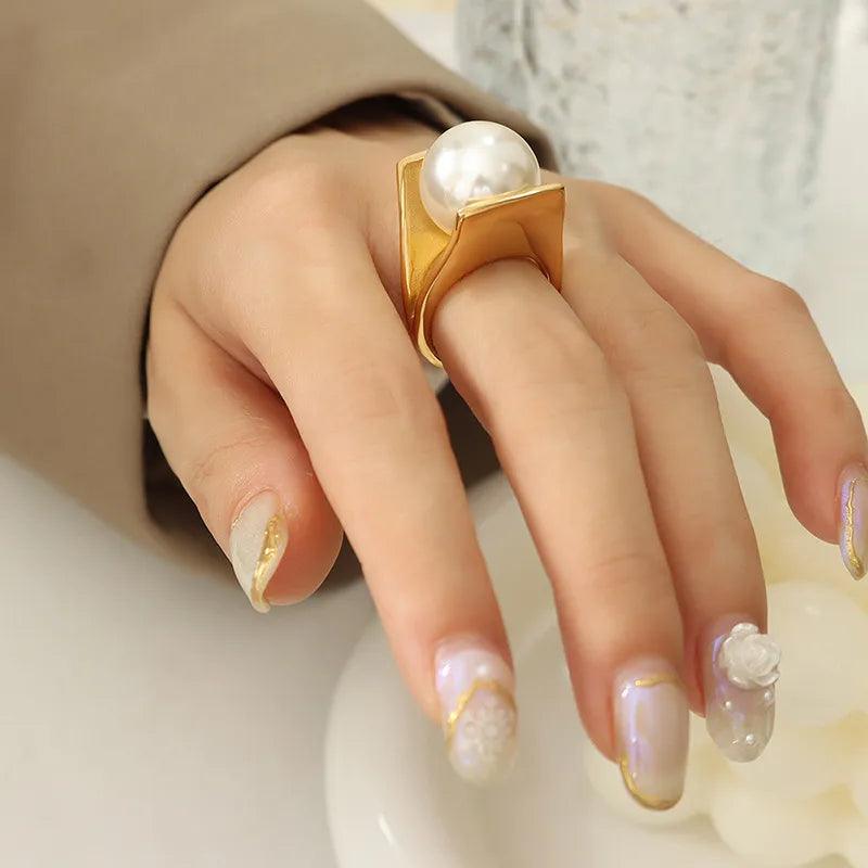 retro geometric titanium steel inlay artificial pearls rings - Lilah jewellery boutique