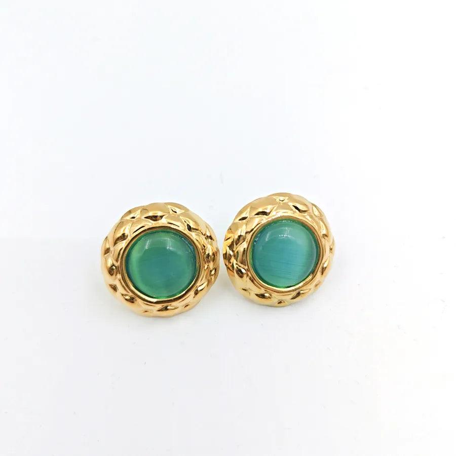 Σκουλαρίκια με πέτρες Round Inlay 304 Stainless Steel Artificial Gemstones Natural Stone Ear Studs - Lilah jewellery boutique