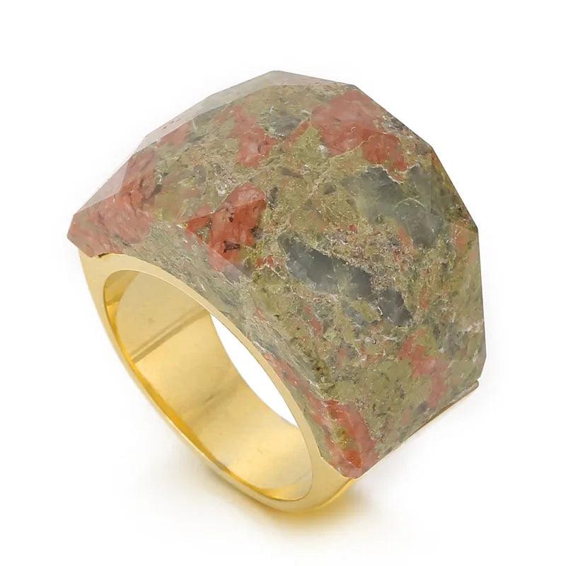 fashion round stainless steel plating inlay natural stone rings 1 piece - Lilah jewellery boutique