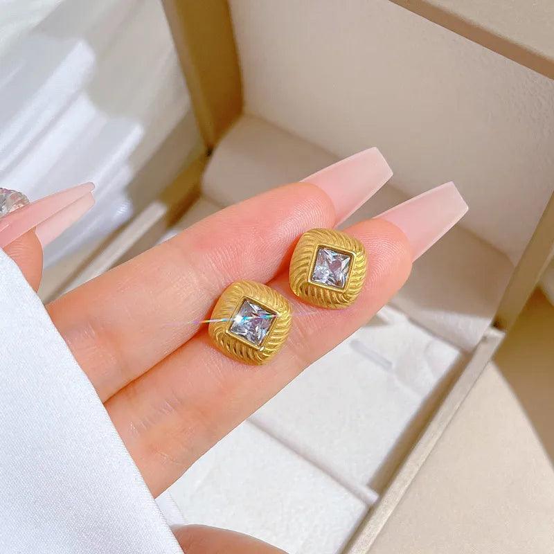 1 piece simple style classic style square plating inlay titanium steel artificial gemstones ear studs - Lilah jewellery boutique