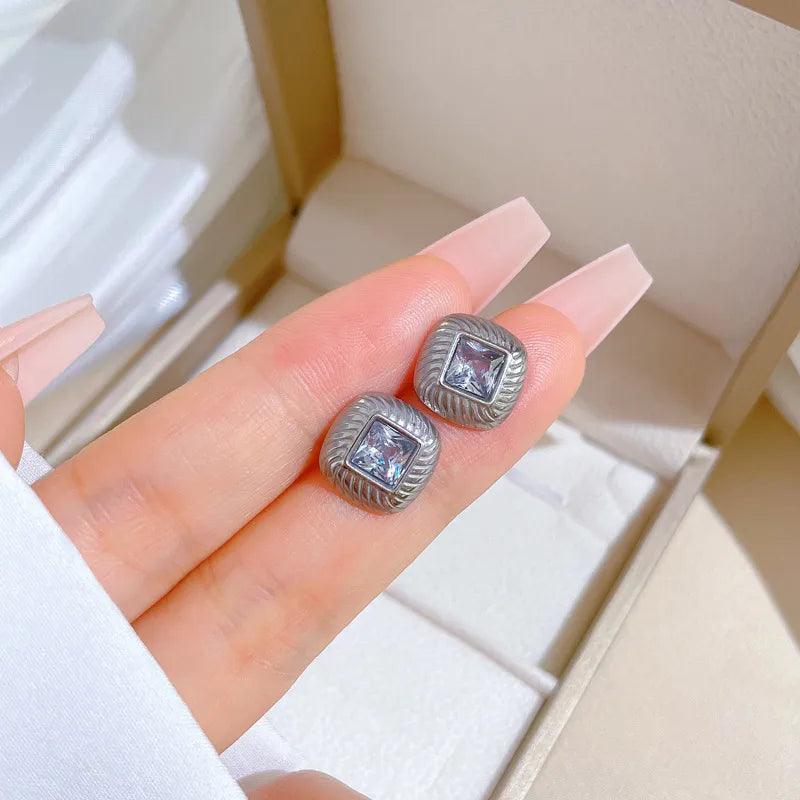 1 piece simple style classic style square plating inlay titanium steel artificial gemstones ear studs - Lilah jewellery boutique