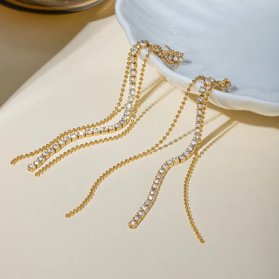 1 Pair IG Style Tassel Inlay 304 Stainless Steel Rhinestones 18K Gold Plated Drop Earrings - Lilah jewellery boutique