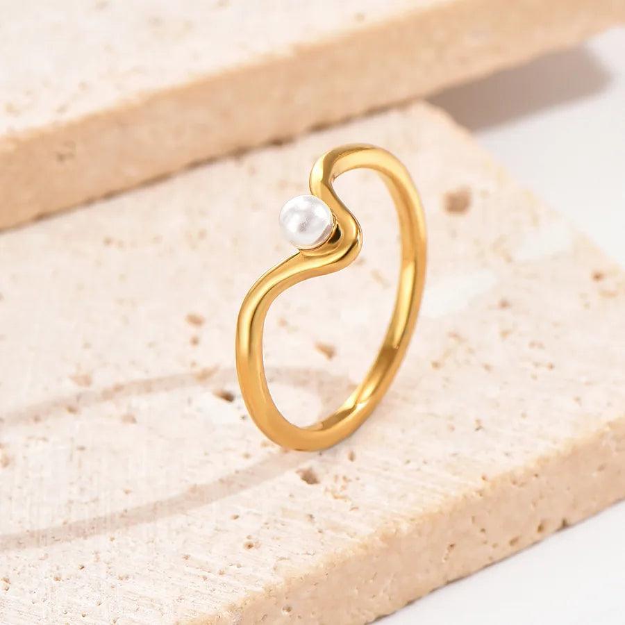 304 Stainless Steel 14K Gold Plated Elegant Simple Style Polishing Plating Inlay Solid Color Artificial Pearls Rings - Lilah jewellery boutique 